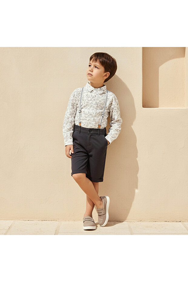 Collared Long Sleeves Shirt and Shorts Set with Suspender Detail