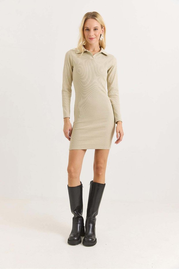 Women's Polo Collar Mini Dress Beige