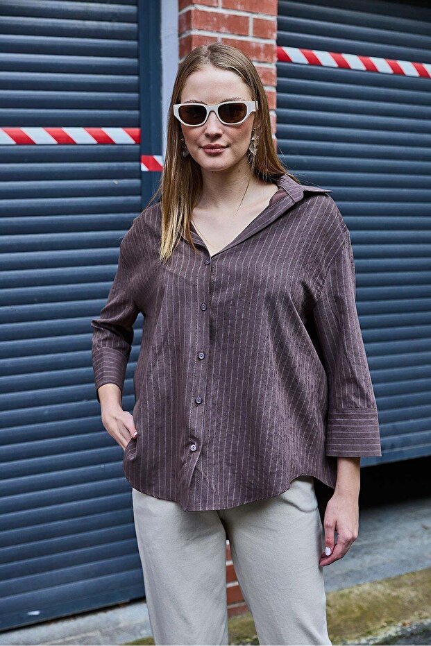 Women's Striped Oversize Satin Suede Soft Textured Shirt Brown