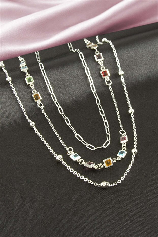 Square Crystal Stone Triple Necklace Ilkel-Bjt940