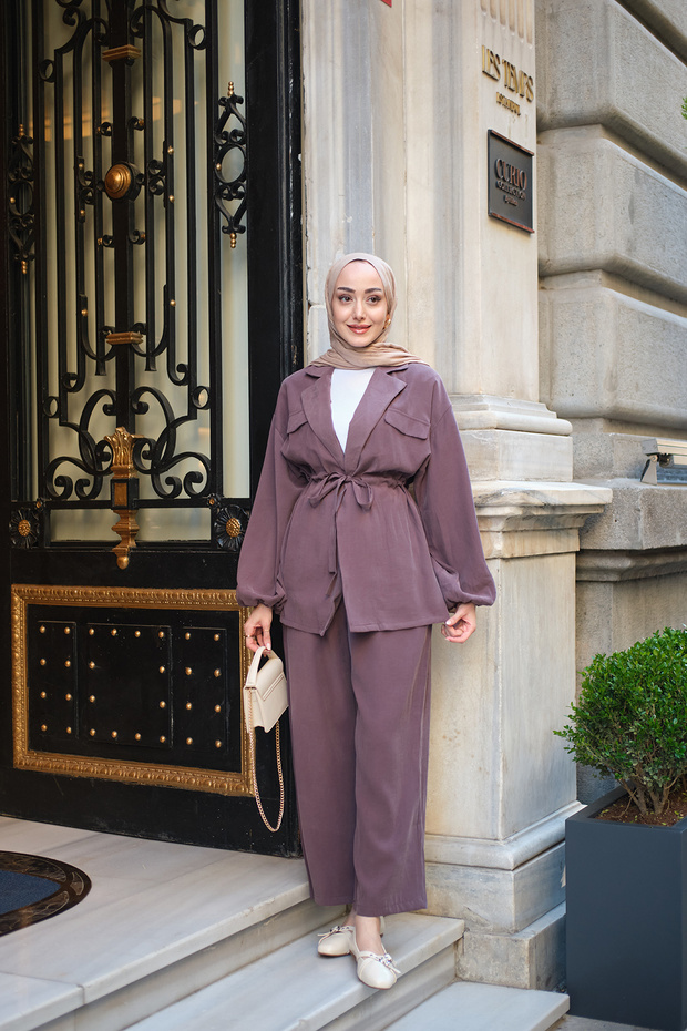 Women's Pocket Detail Tunnel Belted Suit Cherry Rot