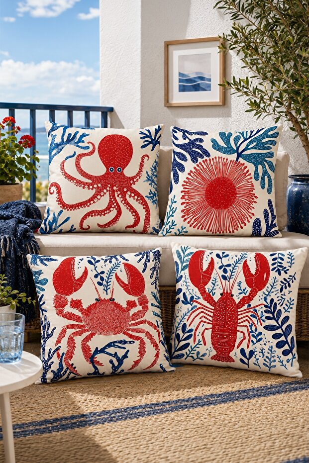 Red Sea Creatures Patterned 4-Piece Throw Pillow Cover Set