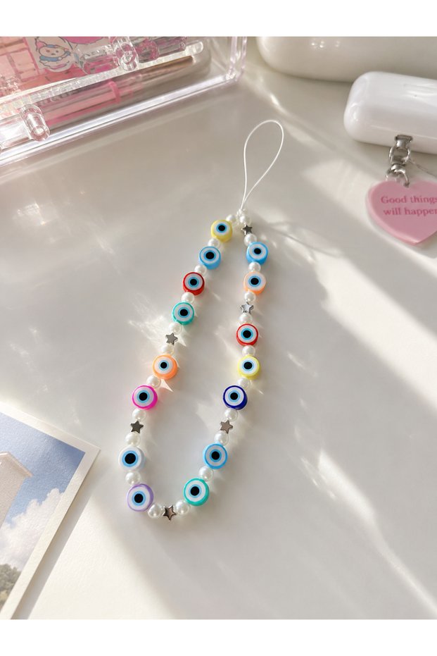 Colorful Fimo Evil Eye Beaded Phone Charm | Pearl Detailed Phone Strap | Y2K Phone Ornament | Bag Charm