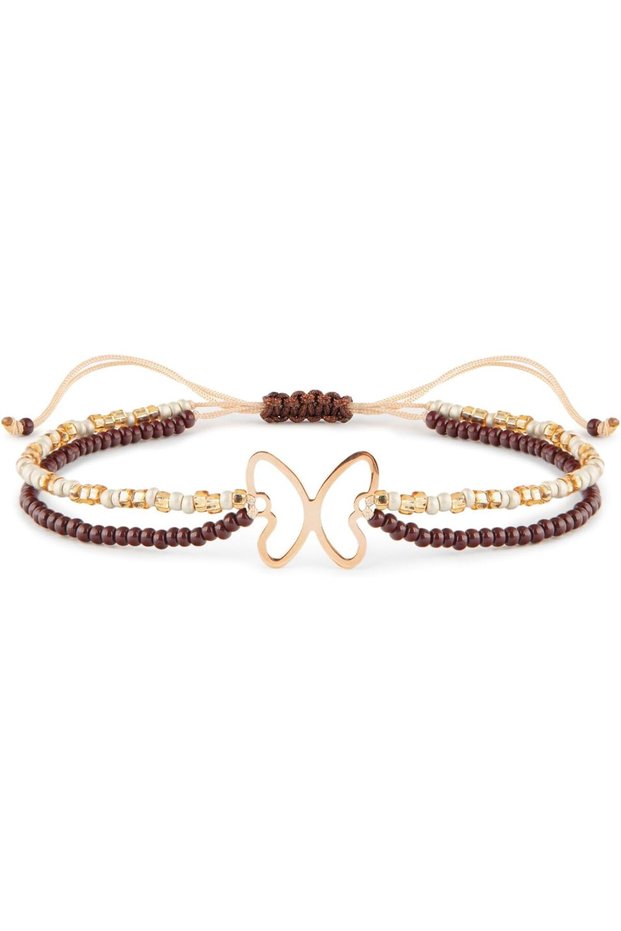 Granola Butterfly Women's Bracelet, 18K Gold, Beaded Bracelet, with Czech Seed Beads & Agate, Handmade Adjustable Jewelry