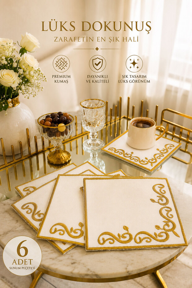 Luxury Gold Embroidered Coffee and Cocktail Napkin Set of 6