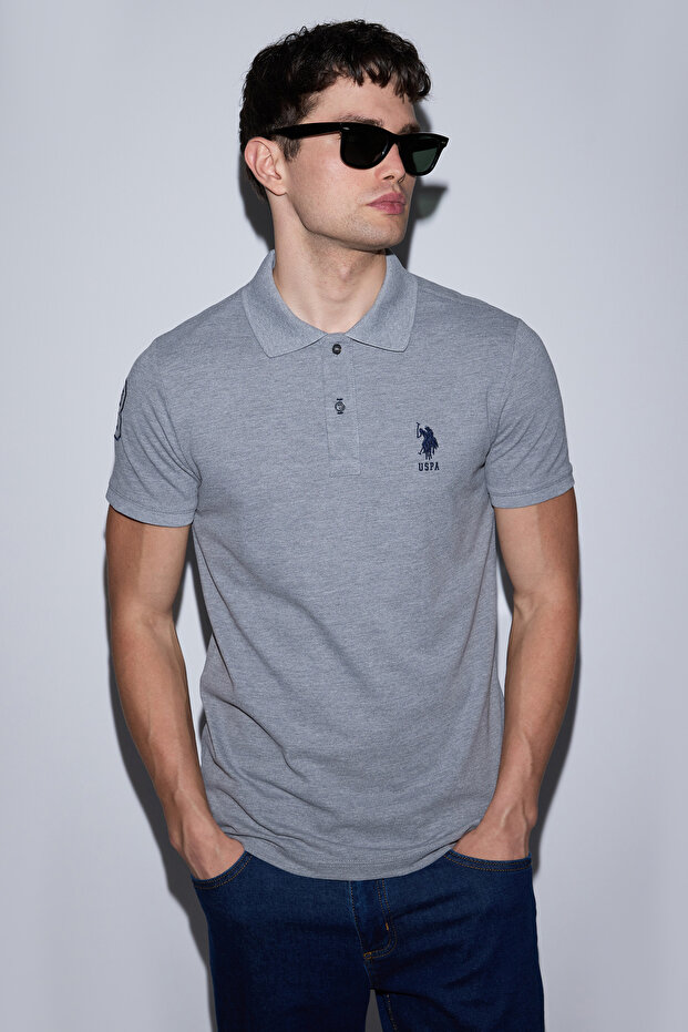 تي شيرت رجالي أساسي بياقة بولو وقصة ضيقة باللون الرمادي الميلانج 50326920-VR086