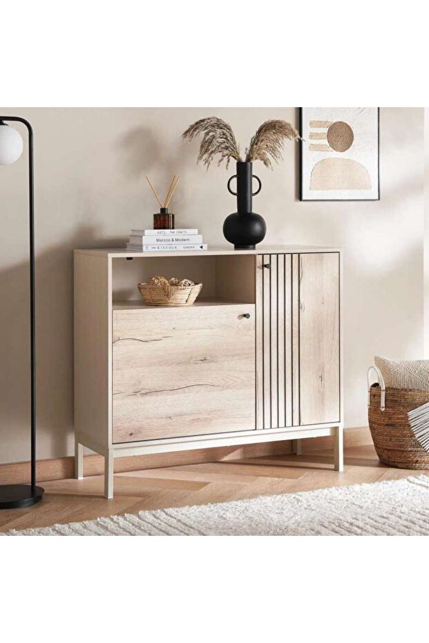 Alonzo Display Cabinet With 2 Door- Natural & Beige