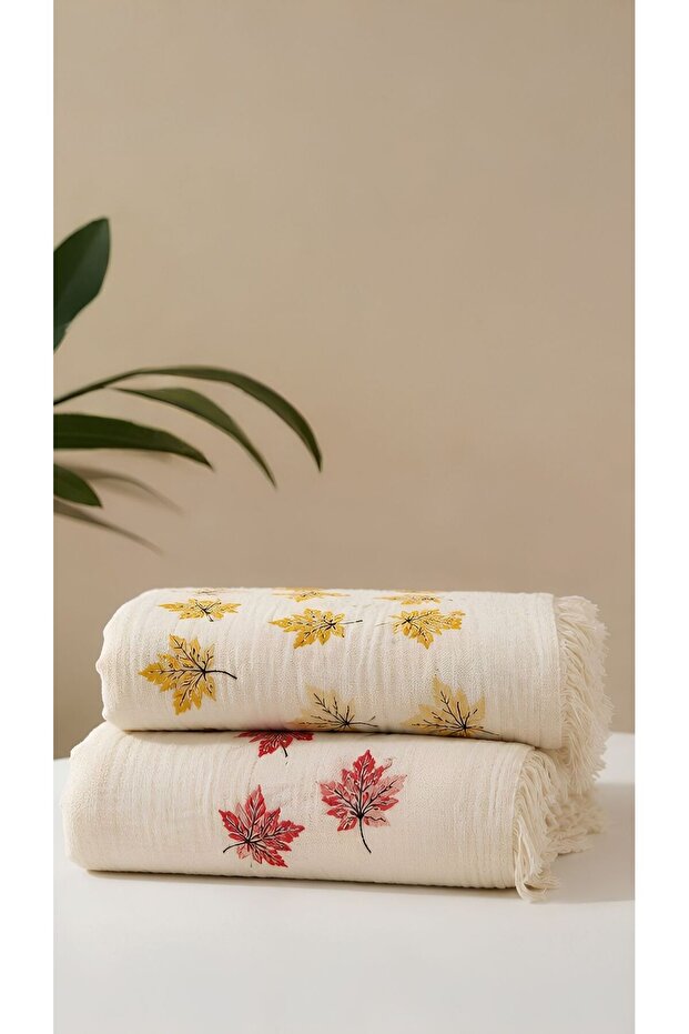 Asvâ Home 2-Piece Deniz Peshtemali 80X175 cm 100% Cotton Leaf Patterned Fringed Beach Towel