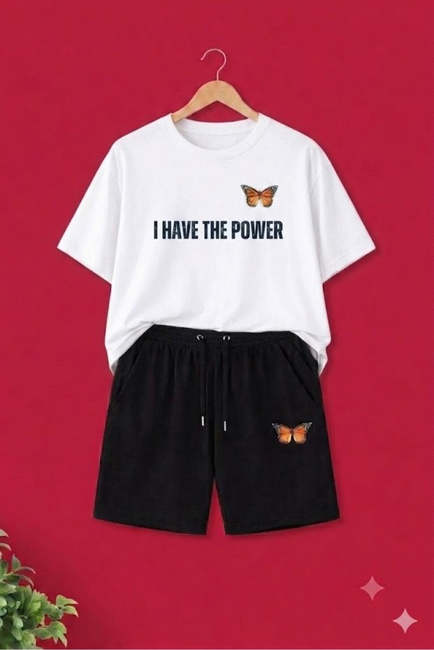 Women's Power Bende-Orange Butterfly Printed Short Sleeve T-Shirt Shorts Set
