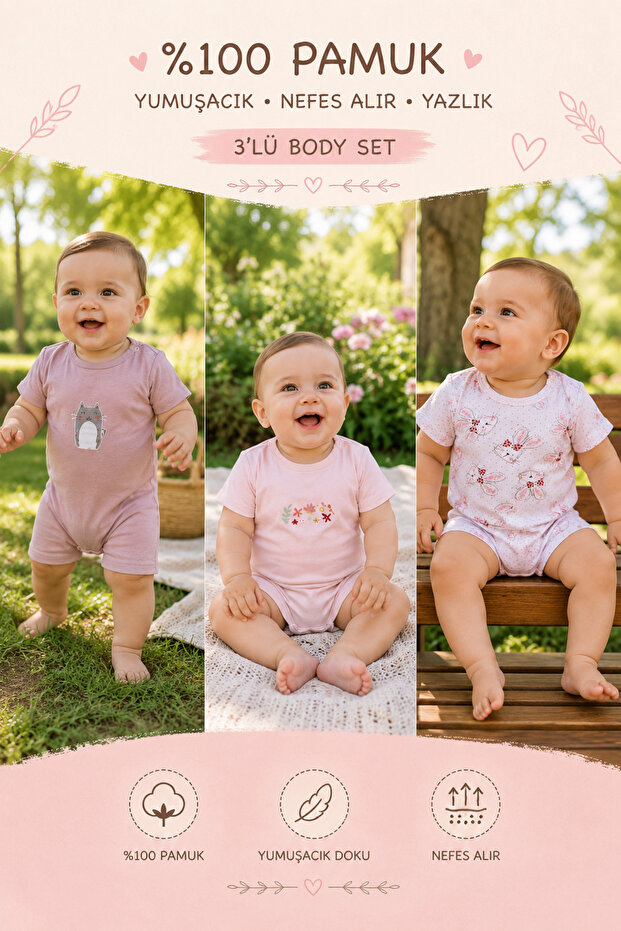 3-Piece Romper Set for Babies, Short Sleeve, Summer, Comfortable, Convenient, with Snap Buttons at the Bottom