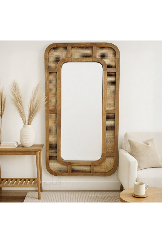 مرآة كبيرة بتصميم انيق 200x80سم واطار خشبي بتصميم مميز بني