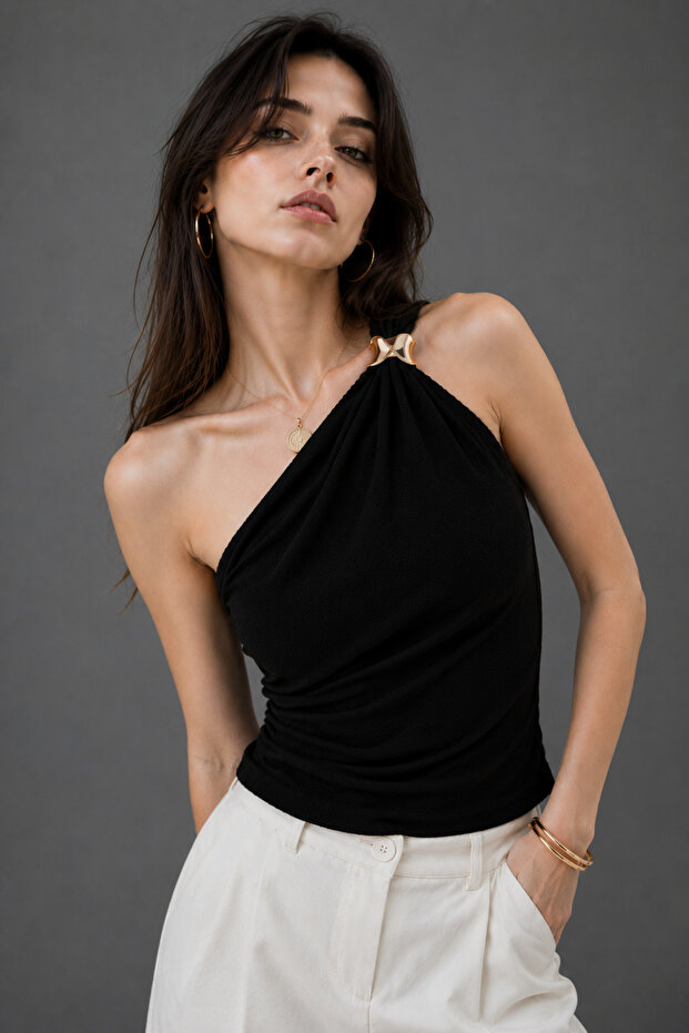 Women's Black One-Shoulder Special Design Blouse with Accessory Detail