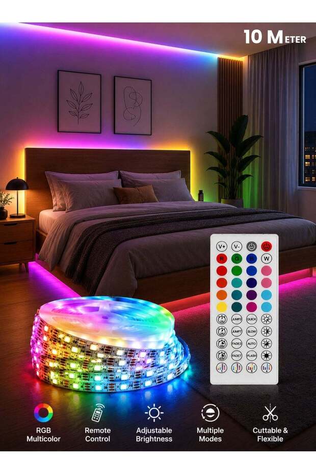 10M RGB LED Strip Light – Music Sync Multicolor Neon Tape with Timer & Remote