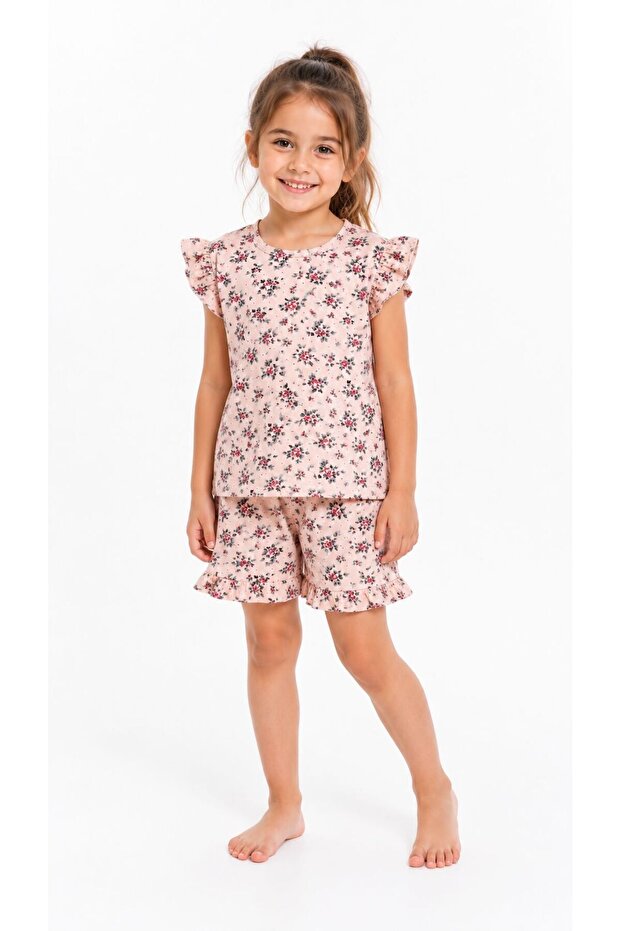 Girl's Cotton Floral Patterned Ruffle Sleeve Summer Shorts Set 5-10 Years Old