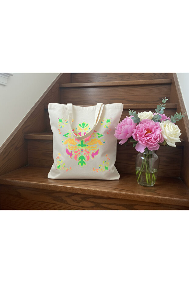 Neon Damask Hand-Painted Cotton Tote Bag