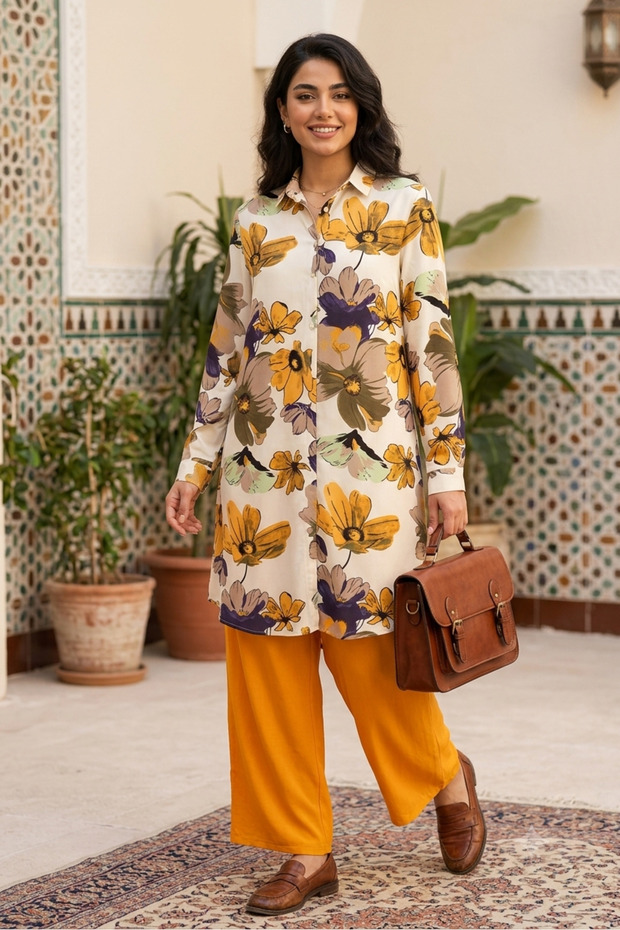 Mustard and Khaki Floral Patterned Women's Shirt Tunic