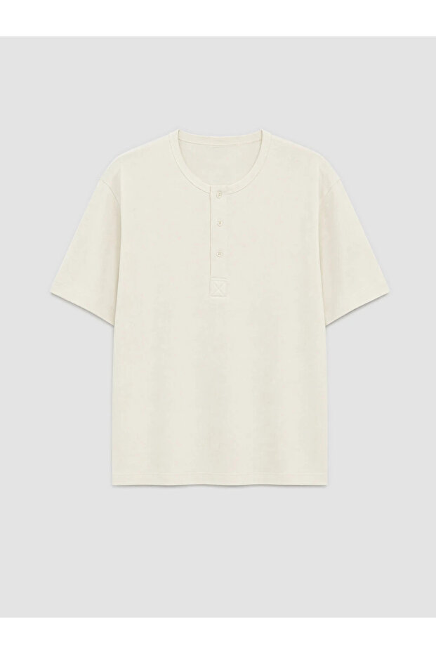 Ecru Henley Collar Men's Combed Cotton T-Shirt