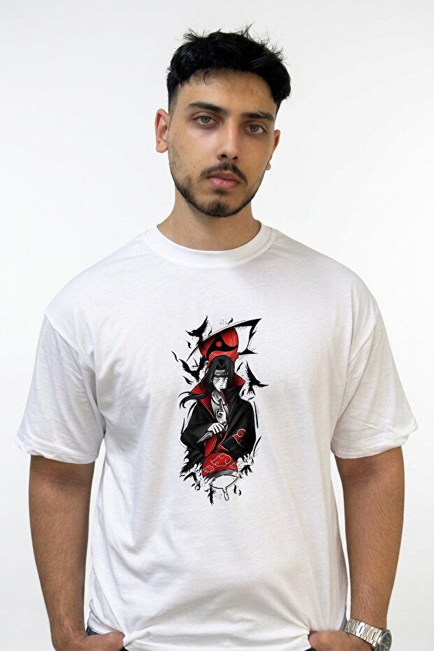 تي شيرت أبيض كبير الحجم مطبوع بتصميم Itachi Uchiha_2