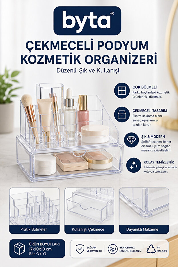 Transparent Acrylic Makeup and Cosmetic Organizer with Drawers – Multi-Compartment Desktop Storage and Organization Box