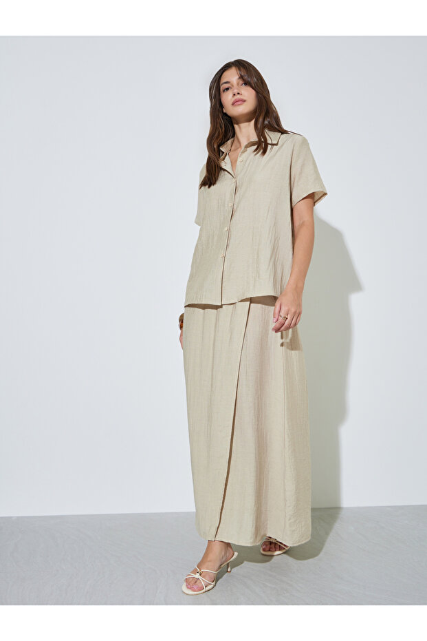 Khaki Relaxed Fit Short Sleeve Shirt and Maxi Skirt Set