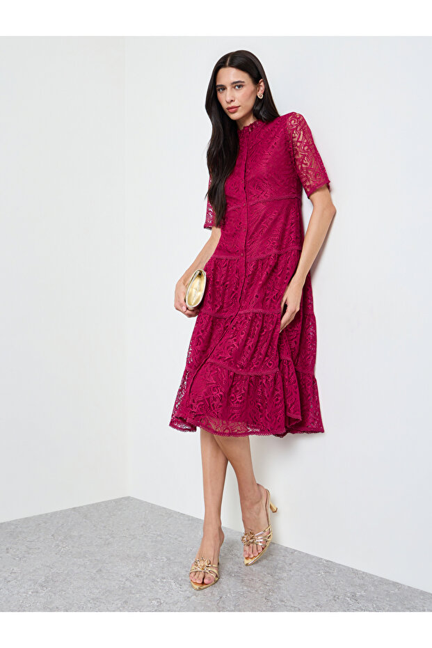 Magenta Lace Overlay Tiered Midi Dress