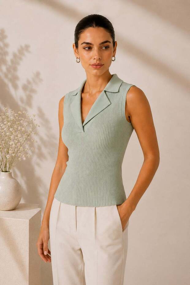 Green Sleeveless Polo Collar Ribbed Viscose Women's Knitwear Blouse