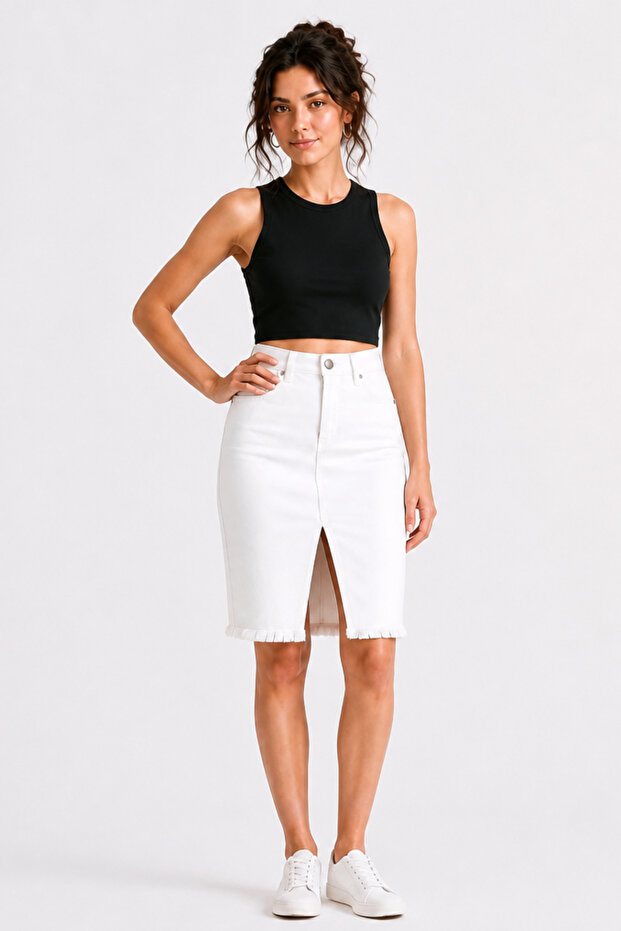 Women's White Front Slit Tassel Detailed Denim Skirt