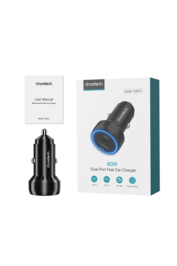 Fast Car Charger 60W Dual Port USB-C + USB-A, Compact PD Charger for Phones TC0014