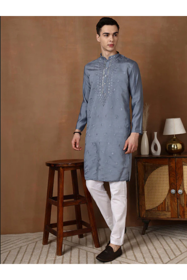 Mens Thread & Mirror Work Modal Silk Kurta Set