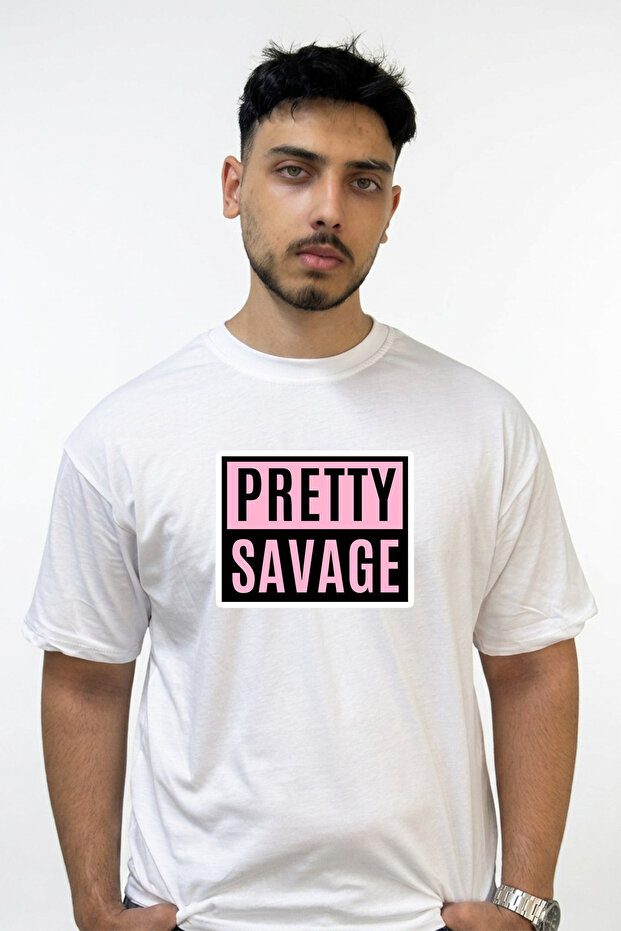 Pretty Savage Design Printed Oversize White T-Shirt