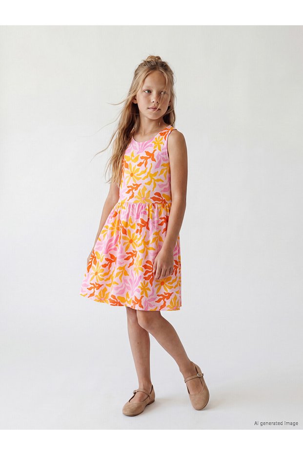 Özmarka New Season Crew Neck Patterned Girl's Dress