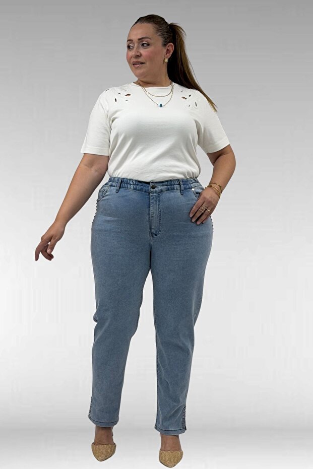 69005 Plus Size Beyoğlu Stone Detailed Jeans - Snow Wash Ice Blue