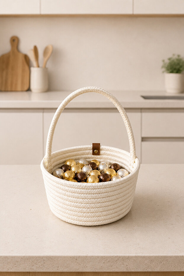 Candya Handmade Rope Multi-Purpose Guest Candy Basket, Gift Basket, Wedding Basket Decorative Organizer Fruit Basket Presentation Basket 19X7 cm