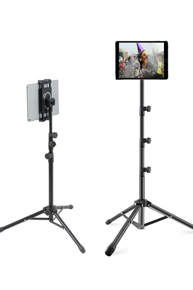 Tripod Stand Tablet Holder: Adjustable Height Foldable Phone/Tablet Cradle for 4.7-12.9 Inch Devices