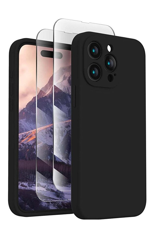 Designed for iPhone 15 Pro Max Case, Silicone, Camera Protection, 2 Screen Protectors, Black