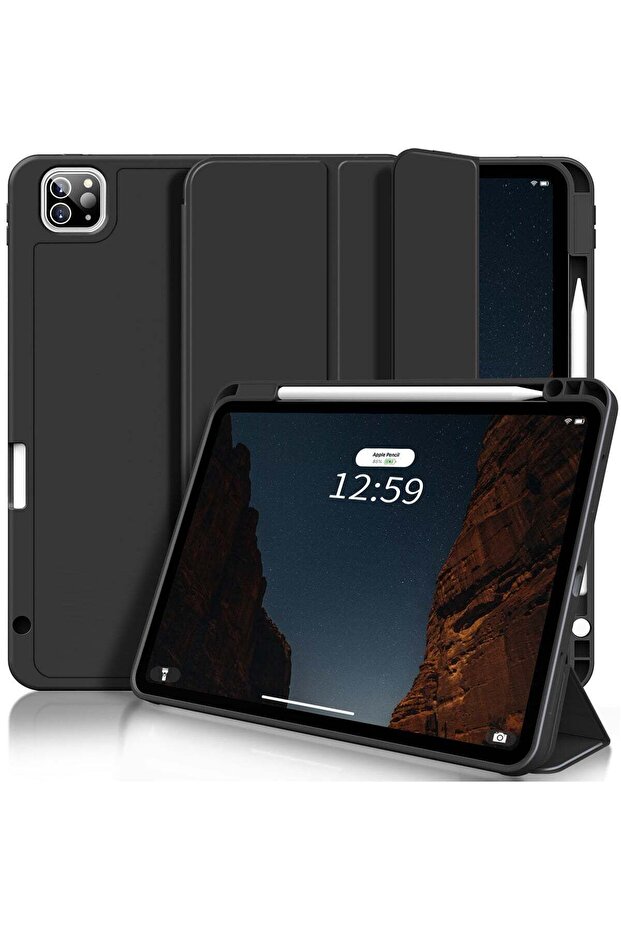 iPad Pro 11 Inch Case (4th/3rd/2nd Gen, 2022/2021/2020) – Trifold Smart Stand with Pencil Holder, Soft TPU Back, Wireless Pencil Charging, Auto Wake/Sleep Function – Black
