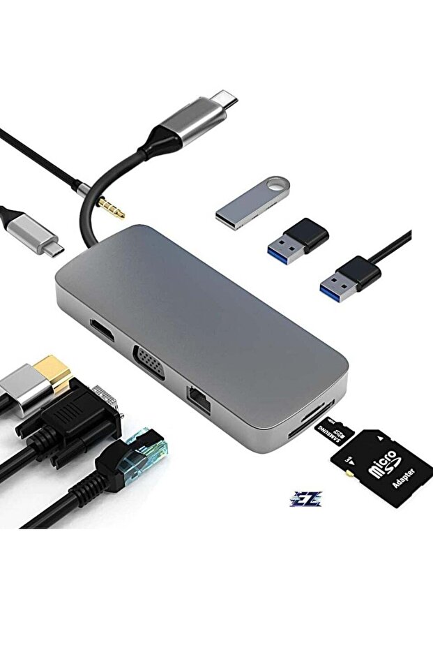 10-in-1 USB C Hub HDMI 4K VGA 100W PD USB 3.0/2.0 Gigabit Ethernet SD/TF Audio Jack