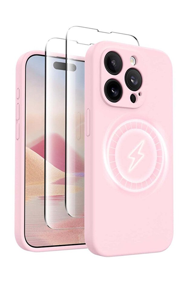iPhone 15 Pro Max Silicone Case, MagSafe, Camera Protection, 2X Screen Protectors, Slim, Chalk Pink