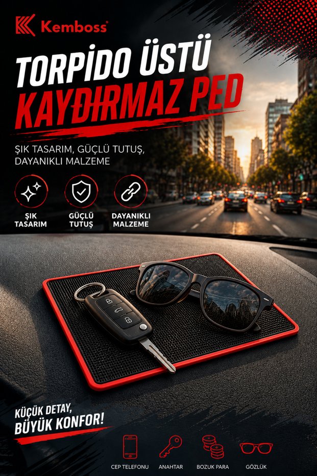 Black Anti-Slip Pad on the Dashboard Phone Glasses Key Holder with Red Detail