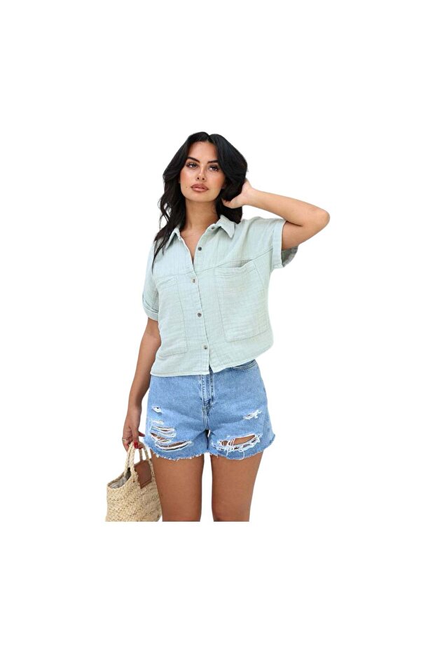 Women's Linen-Blend Shirt – Effortless Summer Style, Light Blue