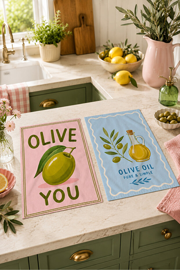 Olive You Olive and Blue Olive Oil Mediterranean Patterned Decorative Retro 2-Piece Kitchen Towel Set 35X55
