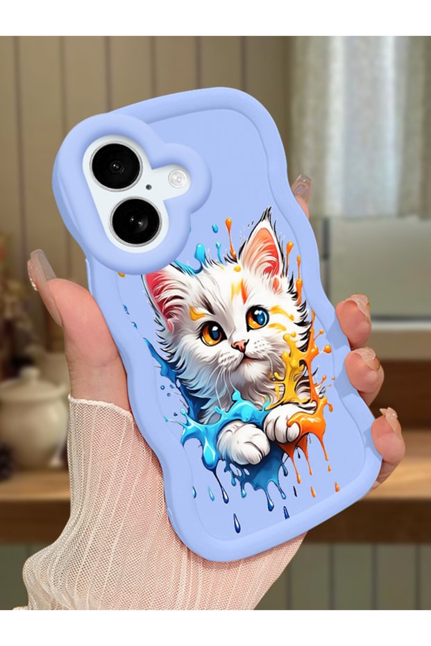 iPhone 17 Compatible Case Camera Protector Blue Silicone Couple Phone Case Cat Pattern