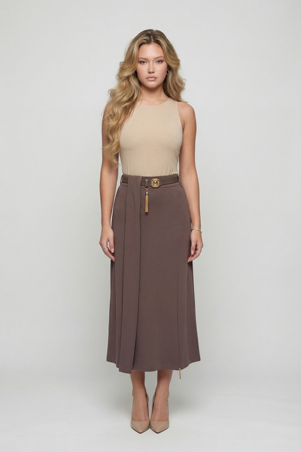 Women's Mink Summer High Waist Belted Skirt with Accessory Detail and Slit