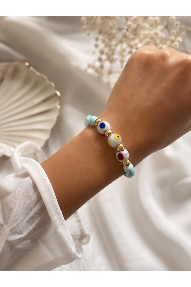 Colorful Evil Eye Beaded Natural Stone Detailed Elastic Bracelet – Daily Stylish Design