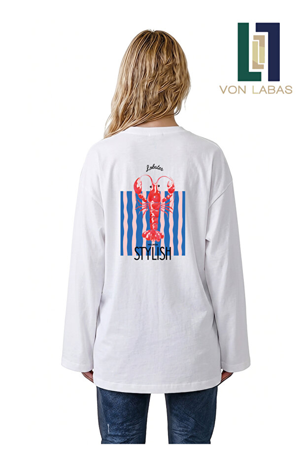 Summer Vibe Themed Wide Sleeve Oversize Long Sleeve White Tshirt 100% Cotton Summer T-Shirt