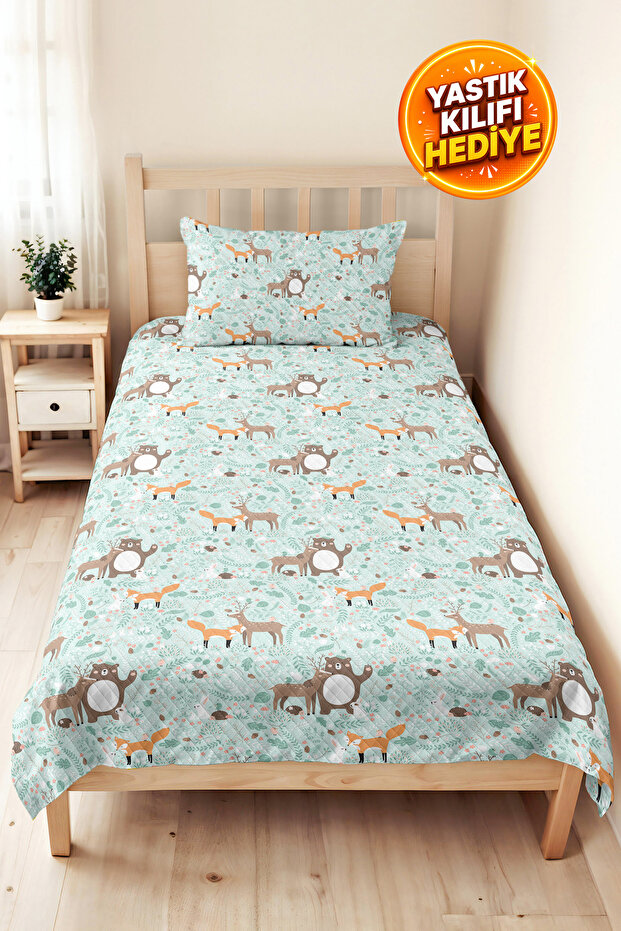 Forest Animals Mint Children's Room Single Pique Set-Pastel Deer Fox 160X220 cm Bedspread