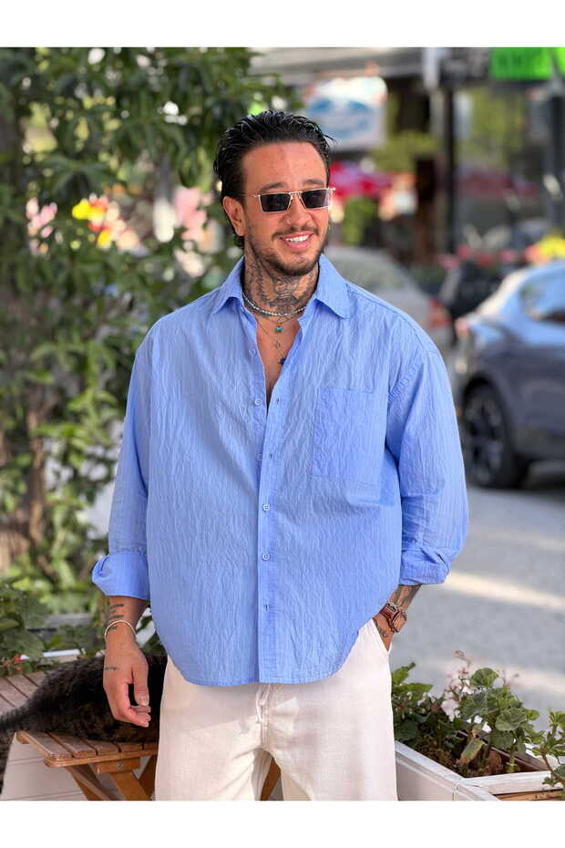 Single Pocket Striped Oversize Shirt Babyblue