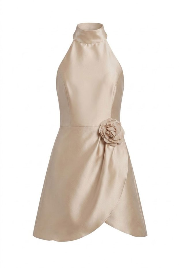 Halter Neckline Floral Detail Dane Evening Dress Camel