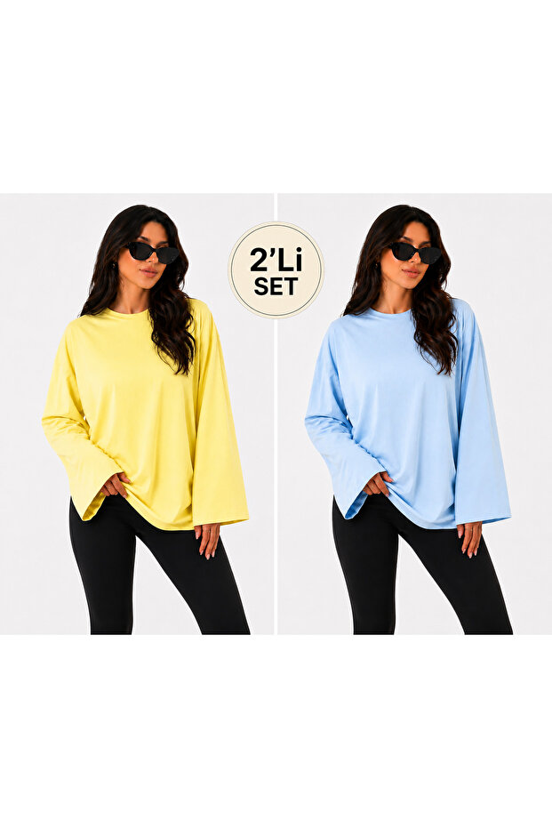 Women's Set of 2 Oversize Basic Long Sleeve T-Shirts Yellow Blue Loose Comfortable Fit