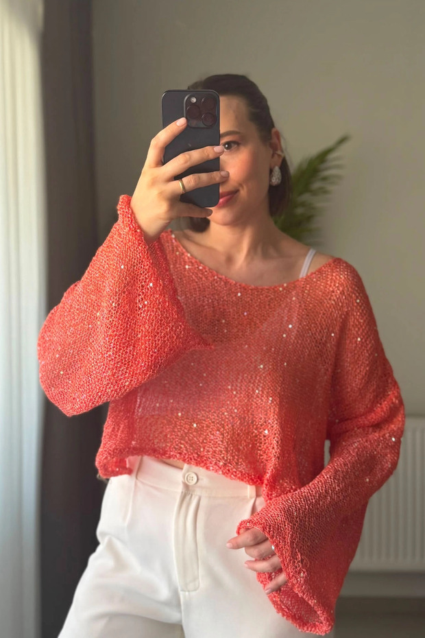 Sequined Openwork Knit Boat Neck Orange Crop Blouse
